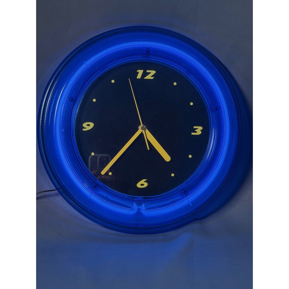 Enhance Blue Neon Wall Clock Retro Round Black Face Yellow Numbers - Picture 4 of 8